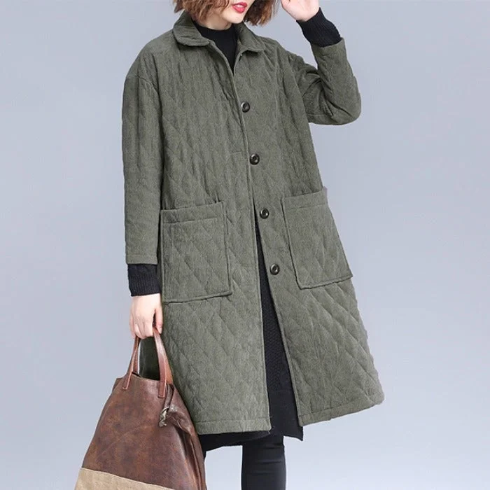 Women Mid- Length Autumn Winter Solid Corduroy Quilted Coat